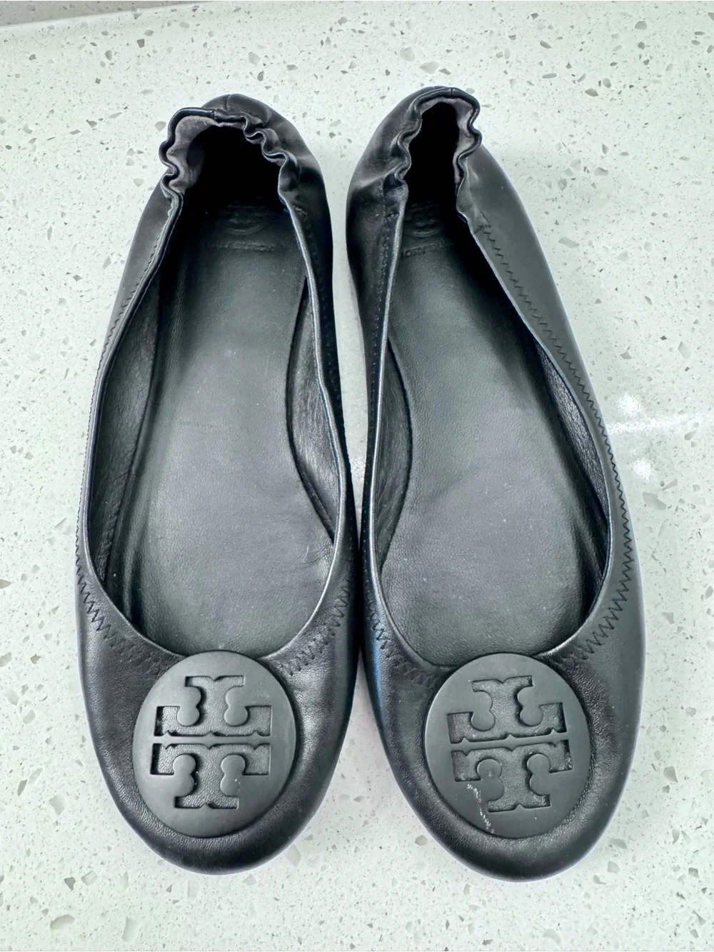 Tory Burch Black Leather Logo Ballet Flats
